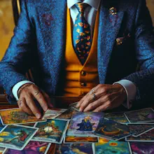 Retratando una carrera de lectura de tarot. Un hombre con traje de negocios usando cartas del tarot