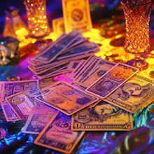 Portraying a money tarot reading with cards and dollar bills