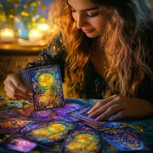 Portraying a yes/ no tarot reading with tarot cards, a tarot reader and candles